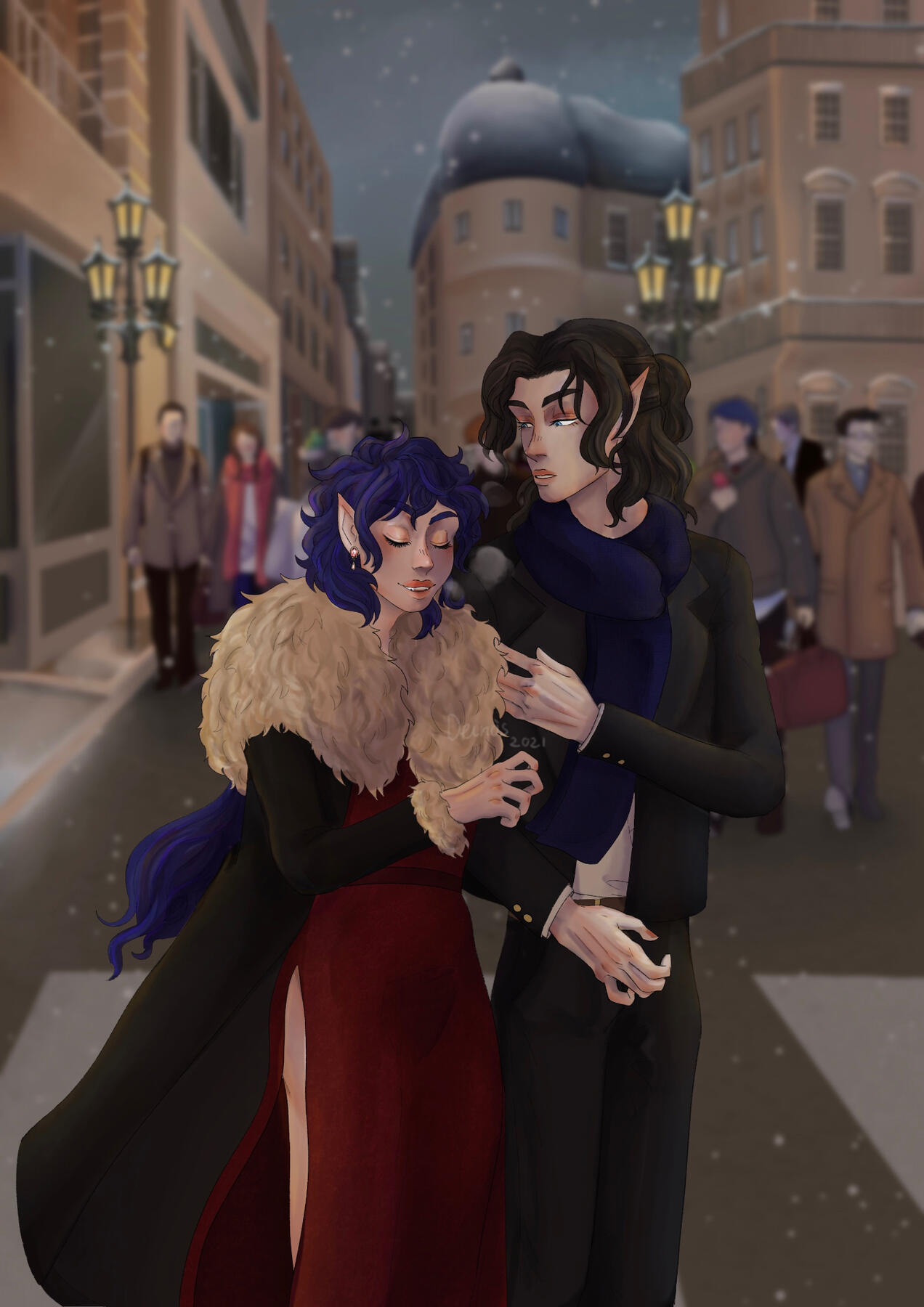 thigh up couple, complex background